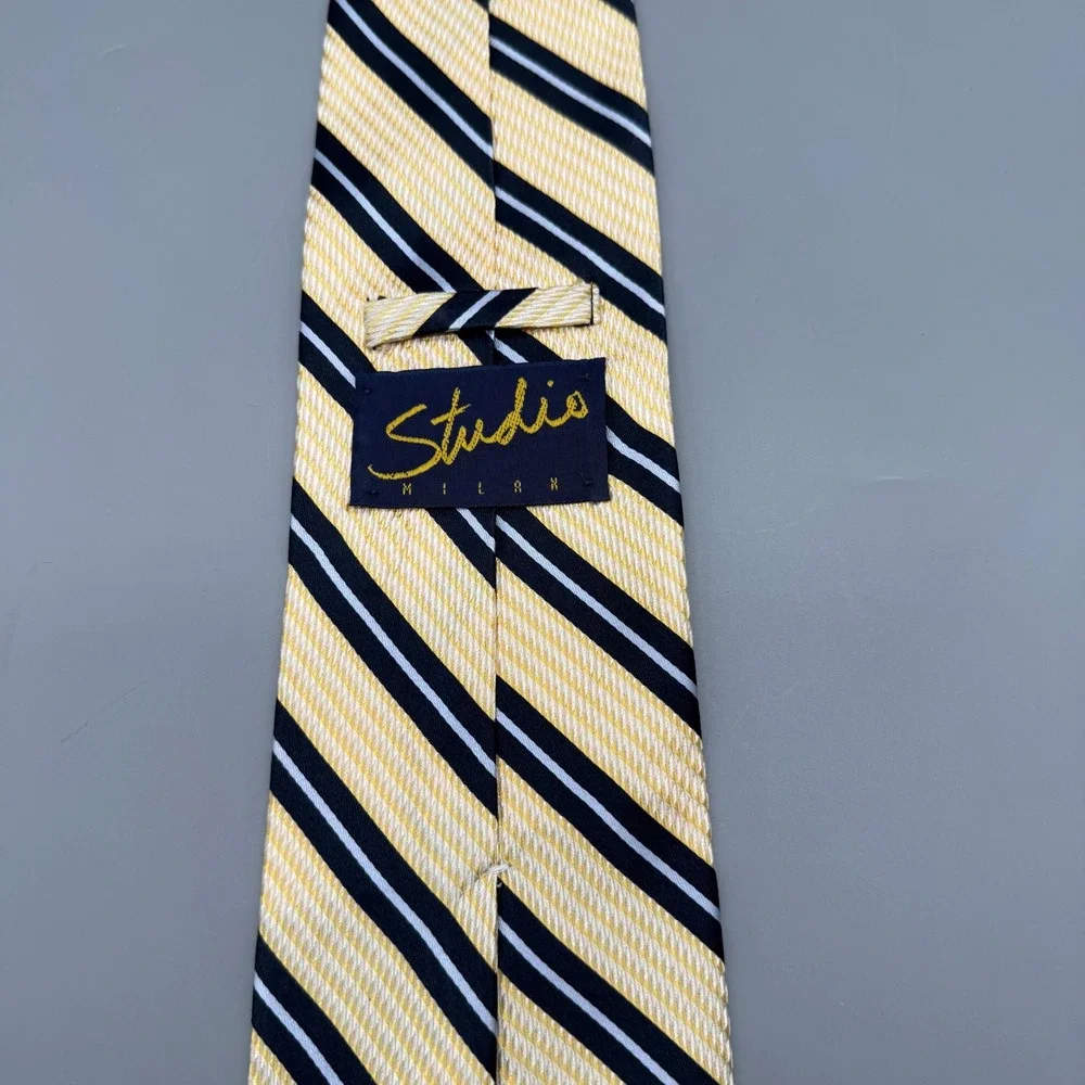 Studio‎ Milan Mens Silk Tie Yellow Navy Blue White Striped Made in USA Classic